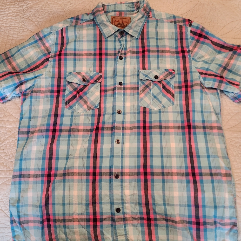 Summer Short Sleeve plaid Pink Blue dress shirt xl Red Camel